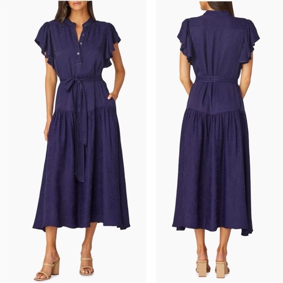 NWT Shoshanna Lucia Navy Blue Satin‎ Jacquard Midi Dress Sz 6